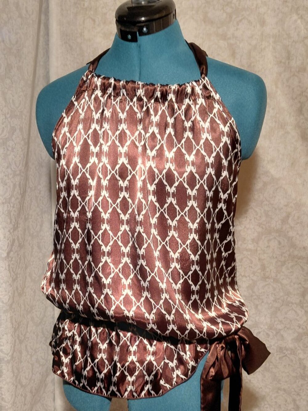 Brown and Cream Halter shirt with Ribbon Ties